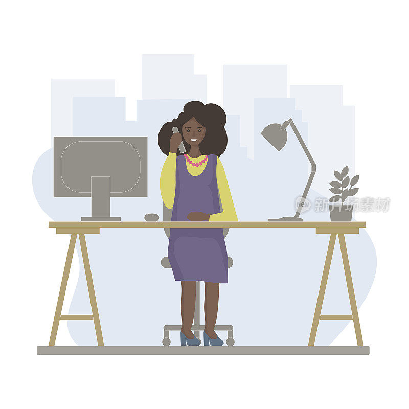 Successful beautiful Black woman at work. Against the background of the big city. At the table, in front of a computer, talking on the phone, conducting business negotiations. Vector flat design